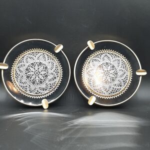 Vintage Ashtray Round Silver Crocheted Doily Glass Top Black & Gold Tone